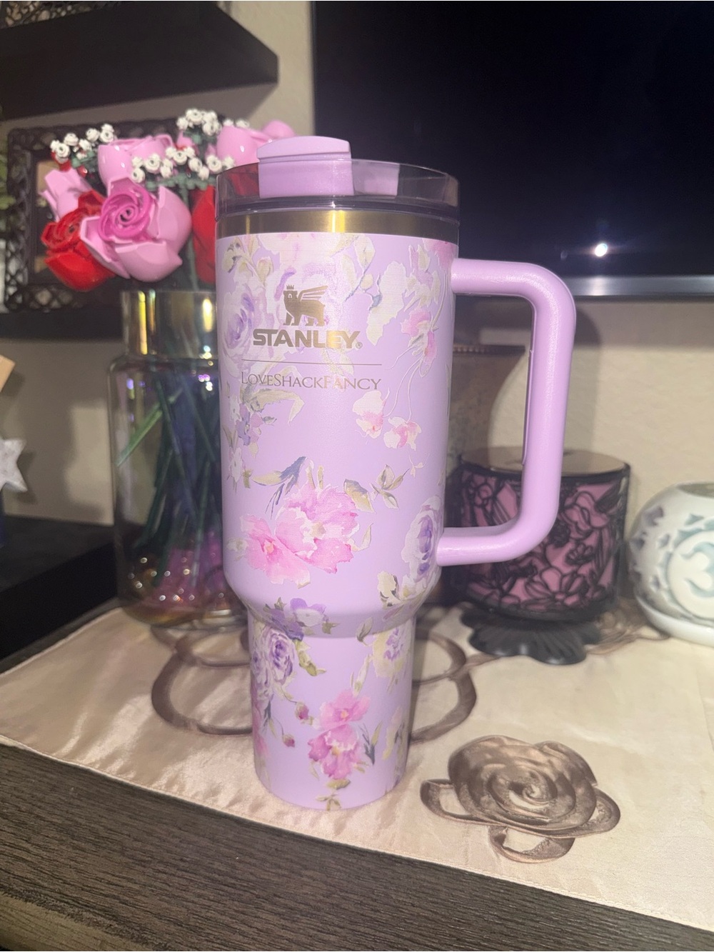 Stanley Lavender Floral Travel Mug with Gold Logo Dupe